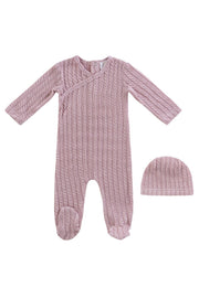 Cable Wrap Footie + Hat - Pink