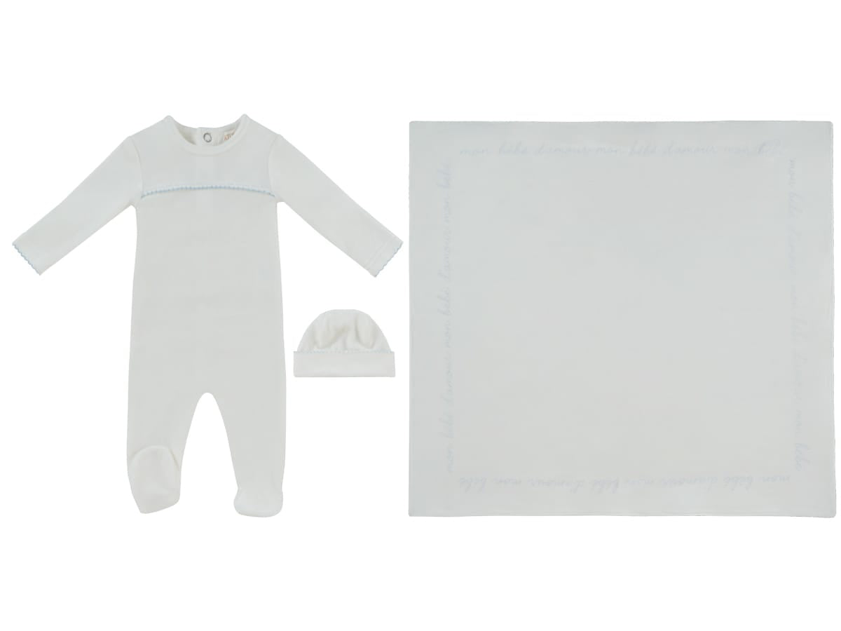 Mon Bebe D'amour Footie, Hat & Blanket Set - Blue