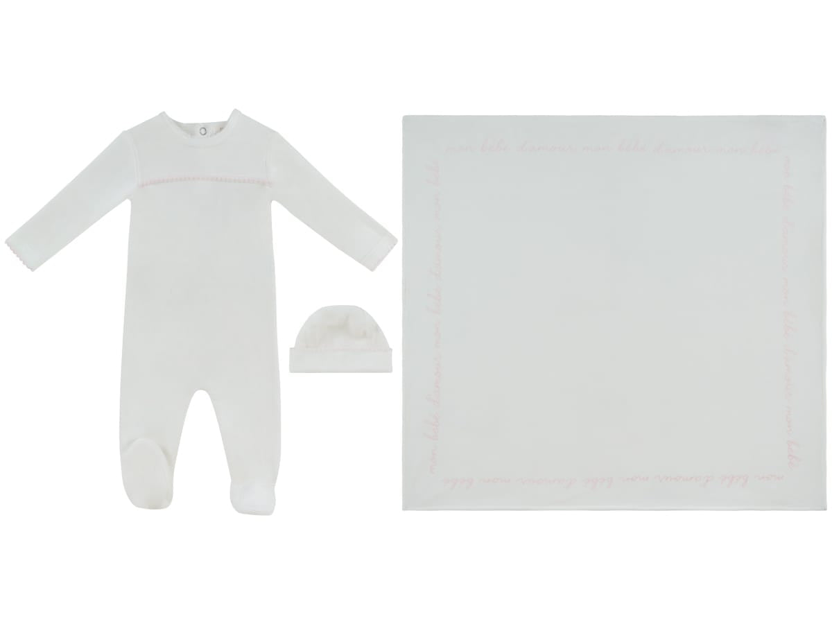 Mon Bebe D'amour Footie, Hat & Blanket Set - Pink