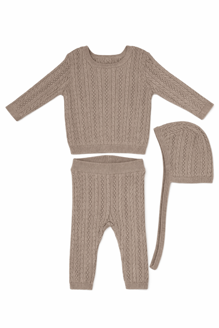 Kb Pointelle Knit Set With Hat - Taupe