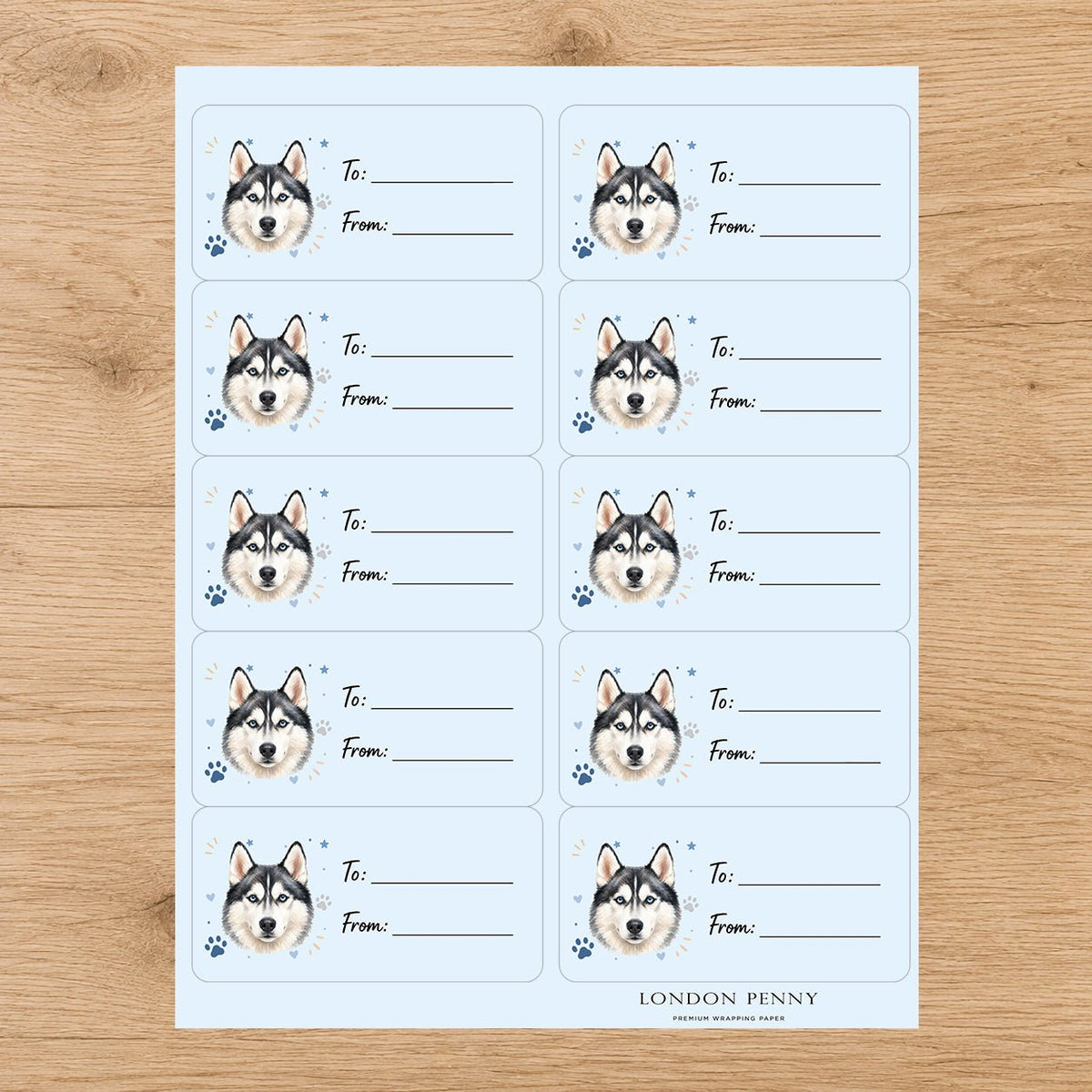 Siberian Husky Pawprint Wishes Gift Tag Sticker Sheet