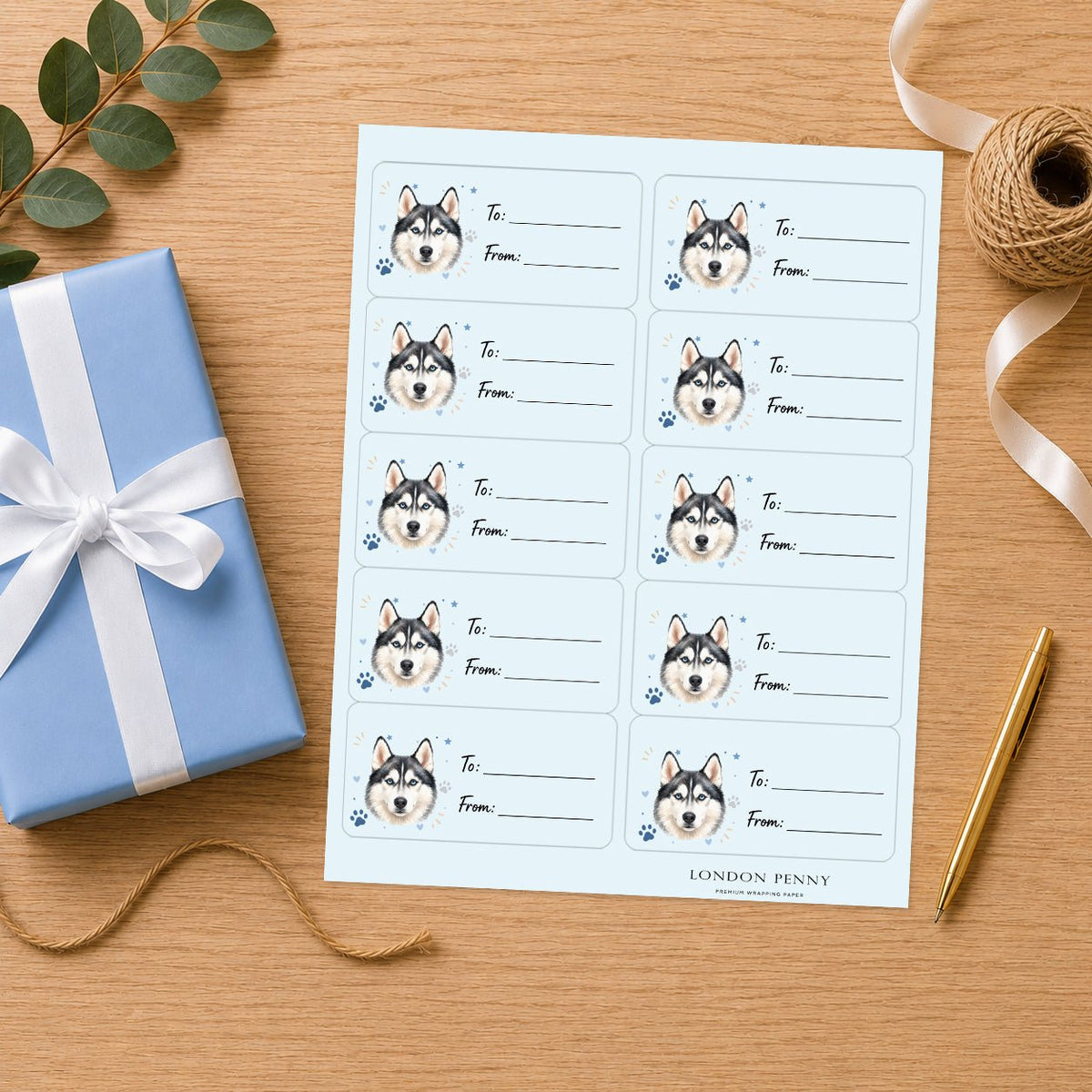 Siberian Husky Pawprint Wishes Gift Tag Sticker Sheet