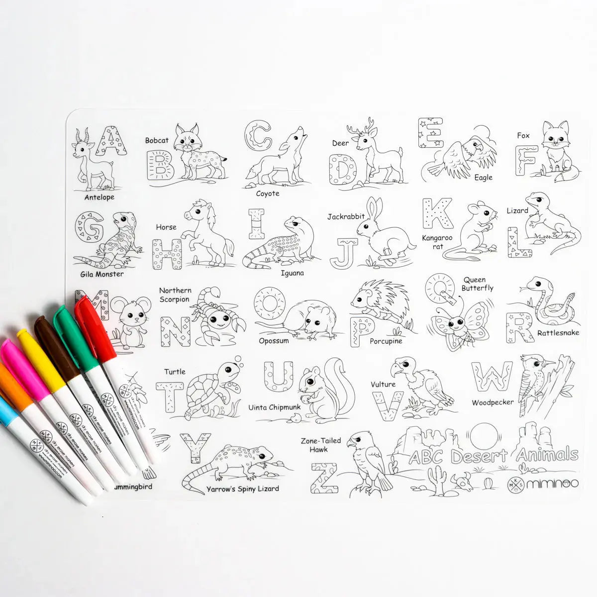Silicone Reusable Coloring Mat & Markers Set - Desert Animals Abc