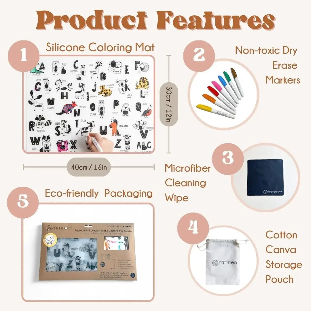 Silicone Reusable Coloring Mat & Markers Set - Abc Animals