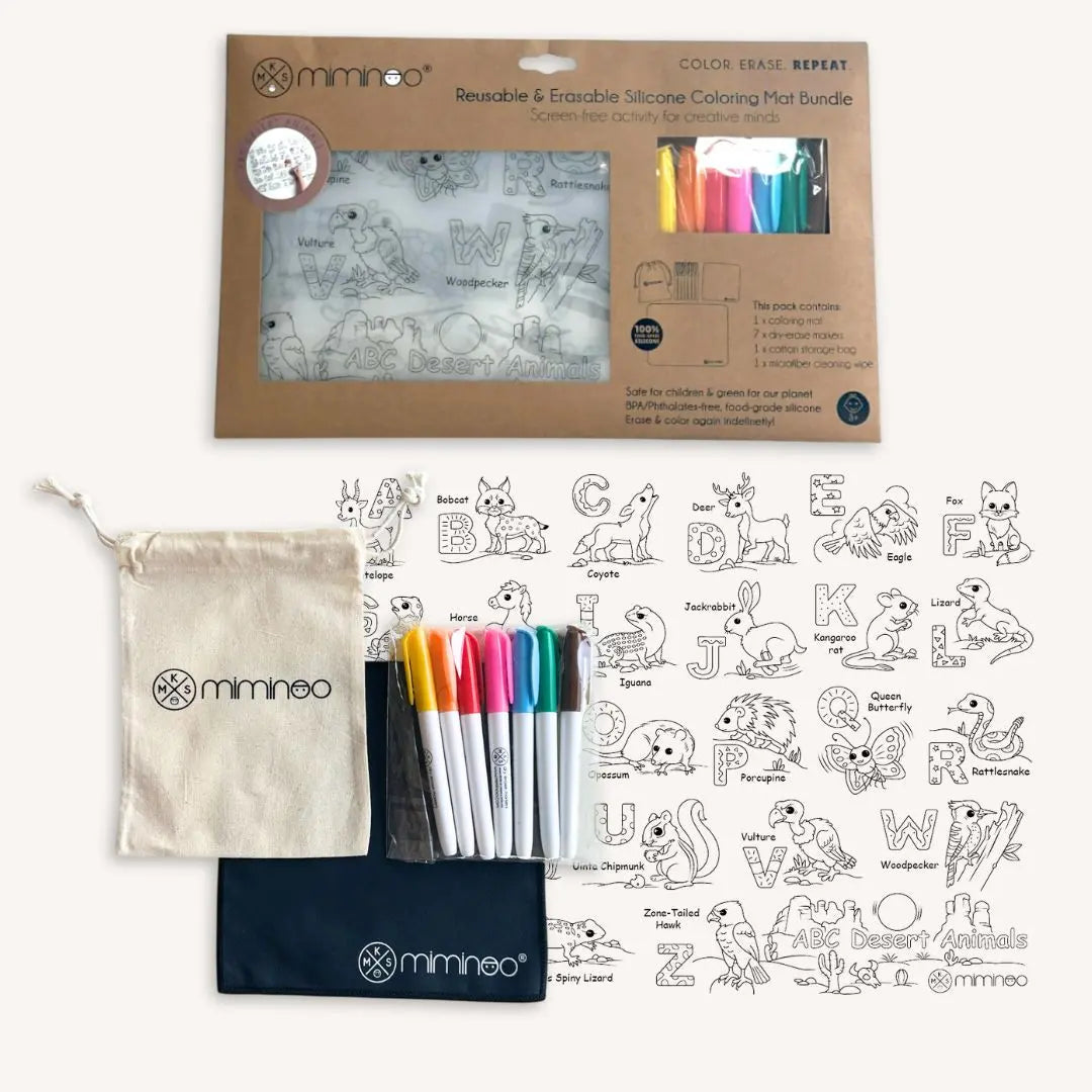 Silicone Reusable Coloring Mat & Markers Set - Desert Animals Abc