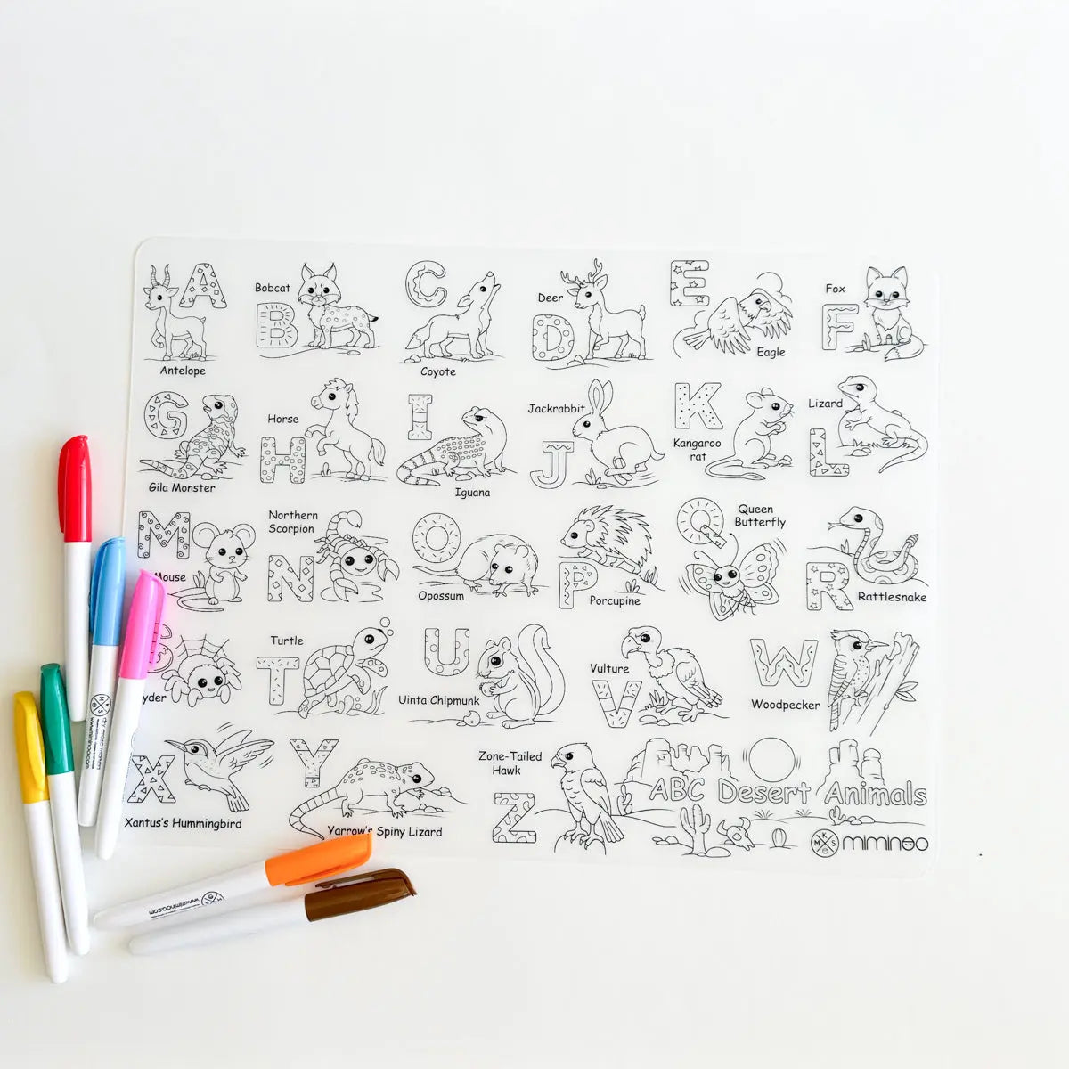 Silicone Reusable Coloring Mat & Markers Set - Desert Animals Abc