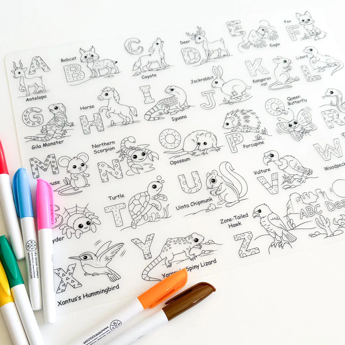 Silicone Reusable Coloring Mat & Markers Set - Desert Animals Abc