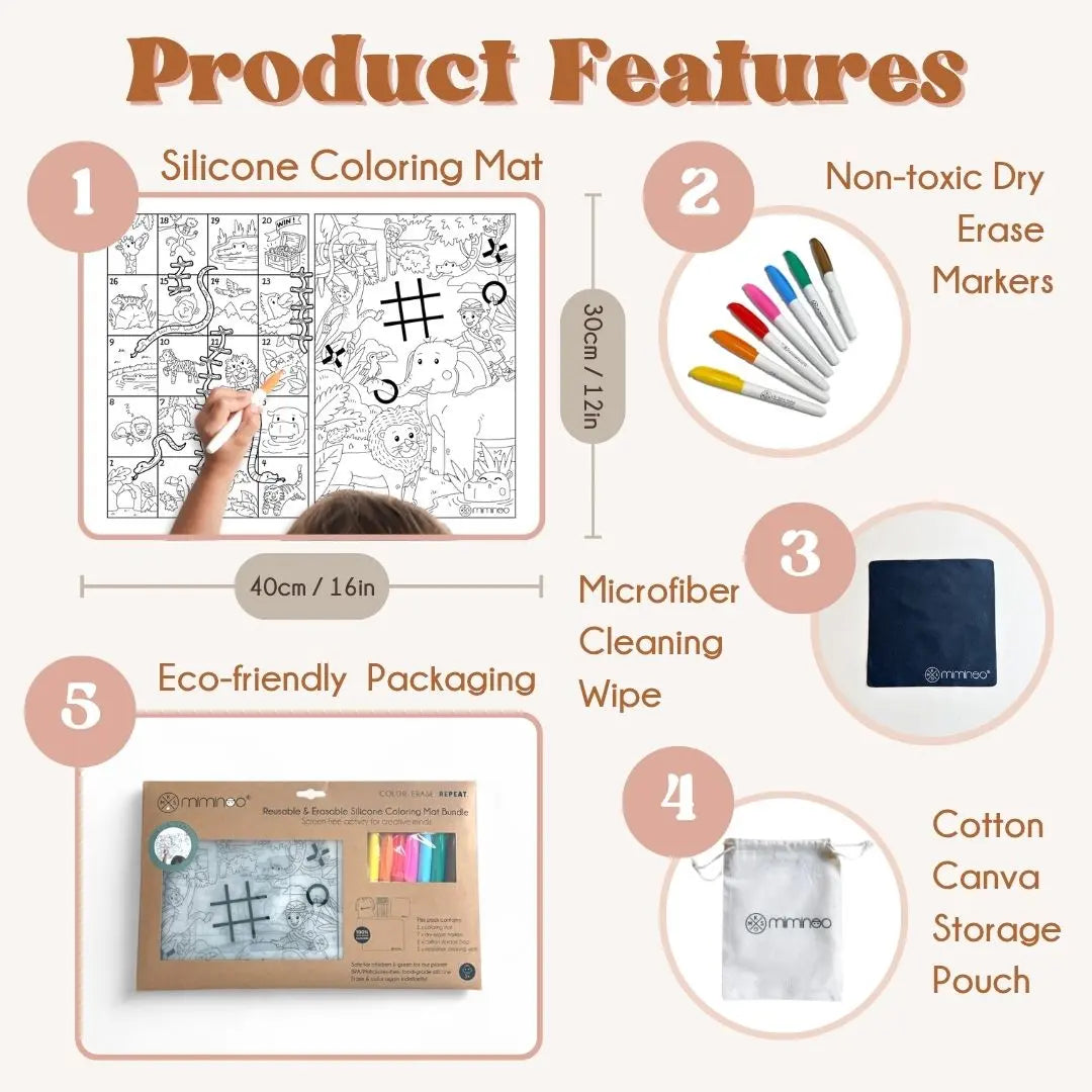 Silicone Reusable Coloring Mat & Markers Set - Jungle Games