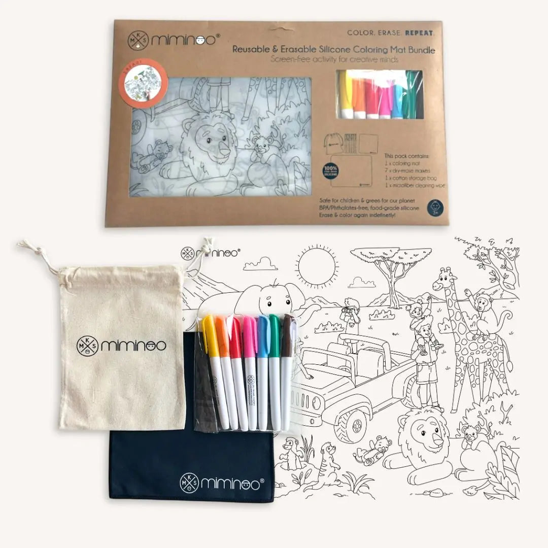 Silicone Reusable Coloring Mat & Markers Set - Safari