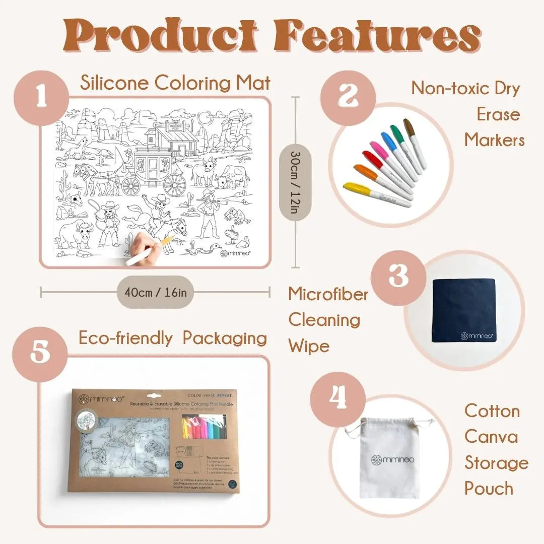 Silicone Reusable Coloring Mat & Markers Set - Wild West