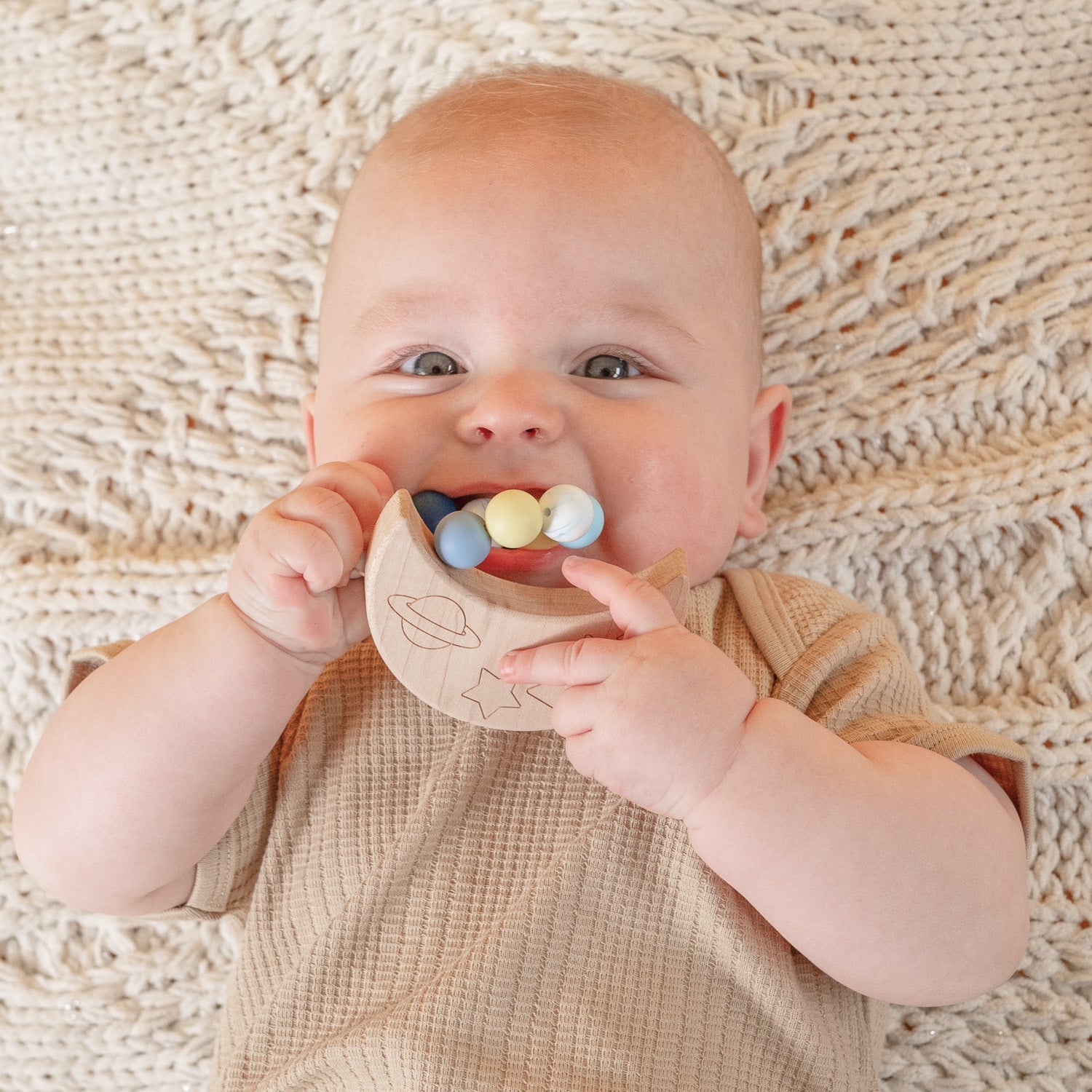 Silicone Bead Teether With Organic Cotton Bag - Calming Moon | Made In The Usa 🇺🇸