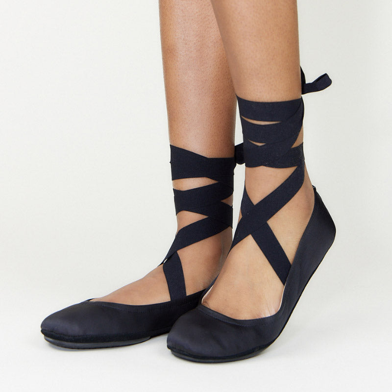 Simone Ankle Wrap Flats In Black Satin