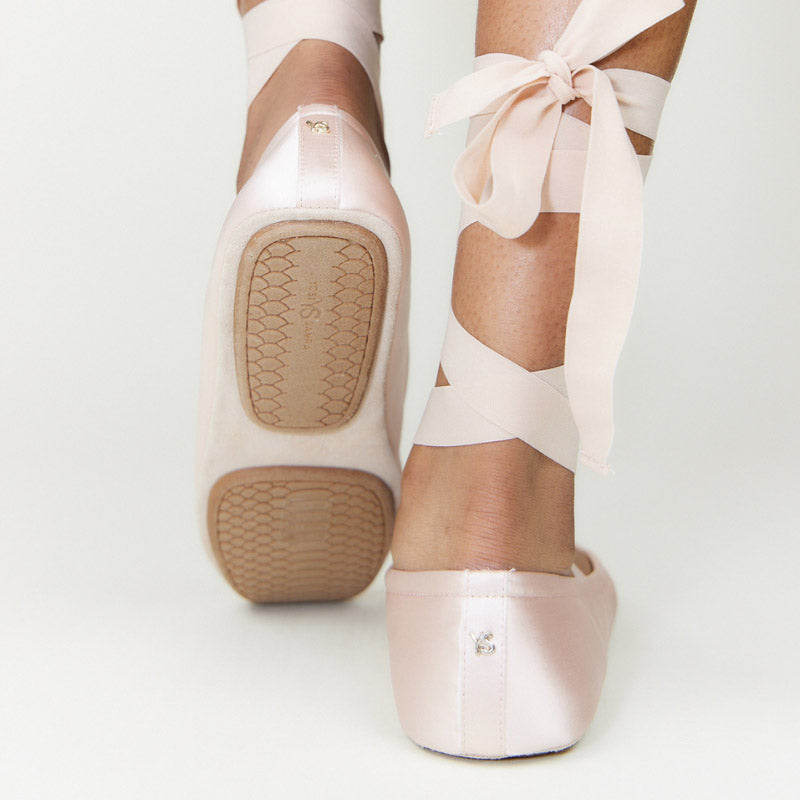 Simone Ankle Wrap Flats In Champagne Satin