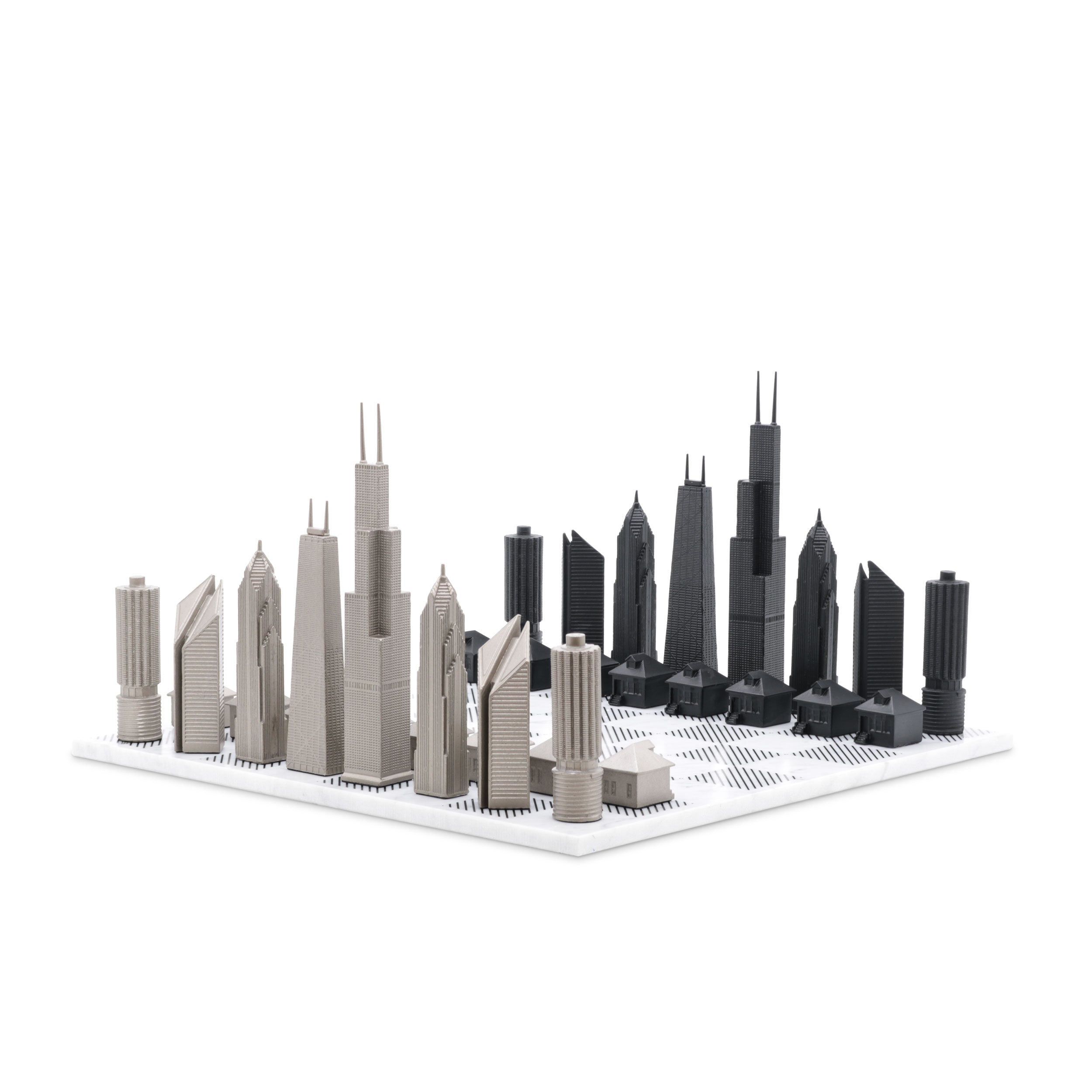 Skyline Chess Chess Set Stainless Steel Chicago Edition With Marble Hatch Board