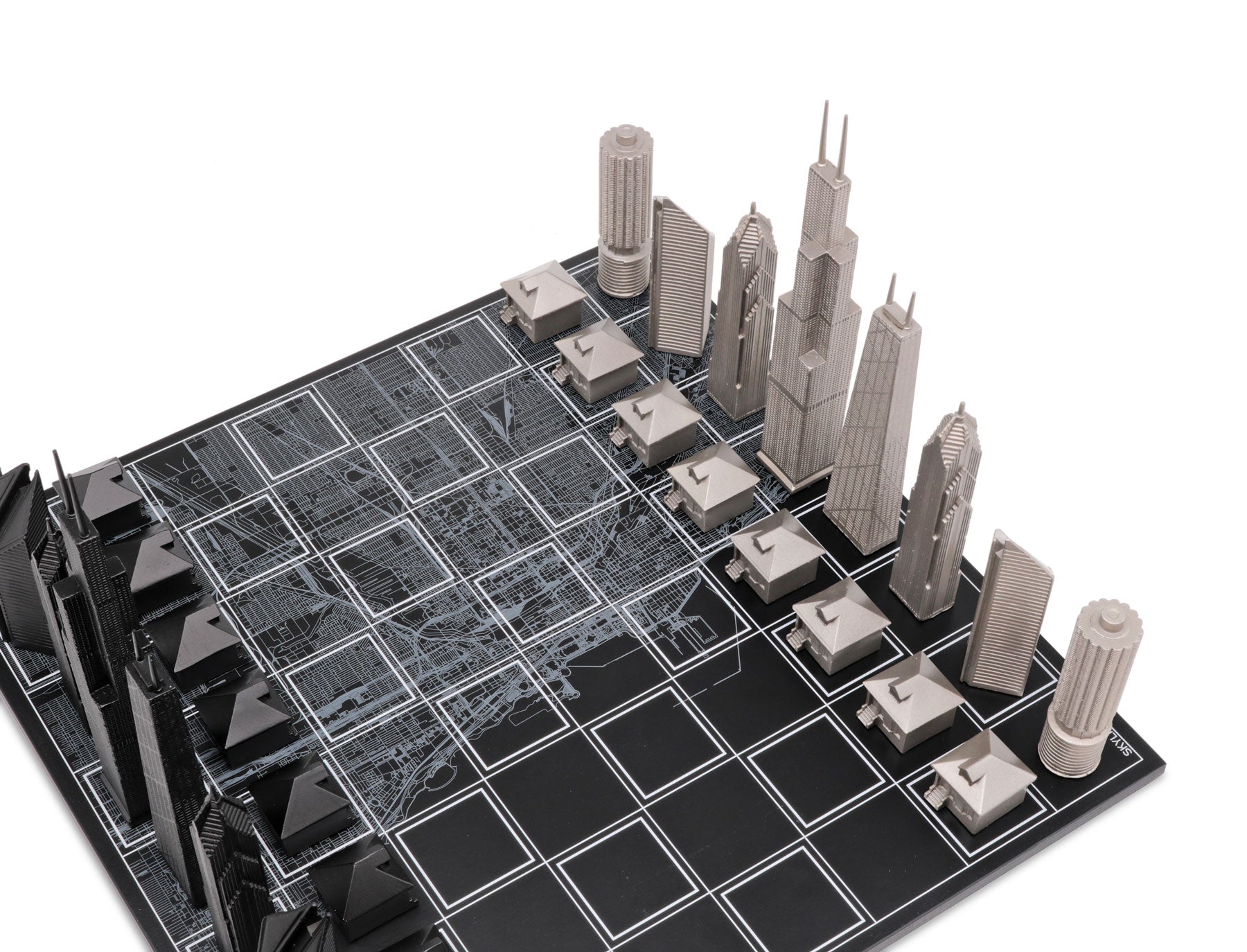 Skyline Chess Chess Set Stainless Steel Chicago Edition With Chicago Wood Map Board