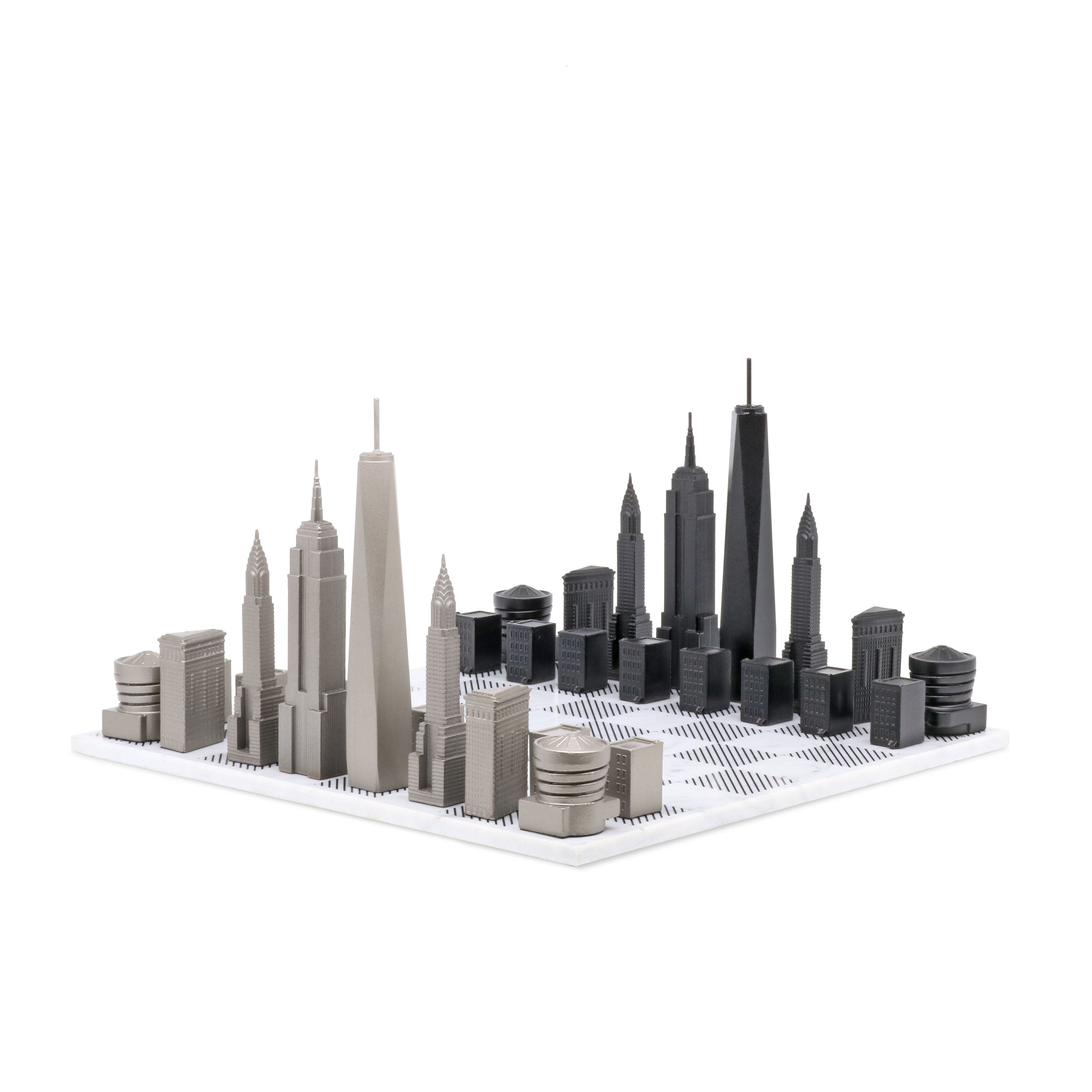 Skyline Chess Chess Set Stainless Steel New York Edition With Marble Hatch Board
