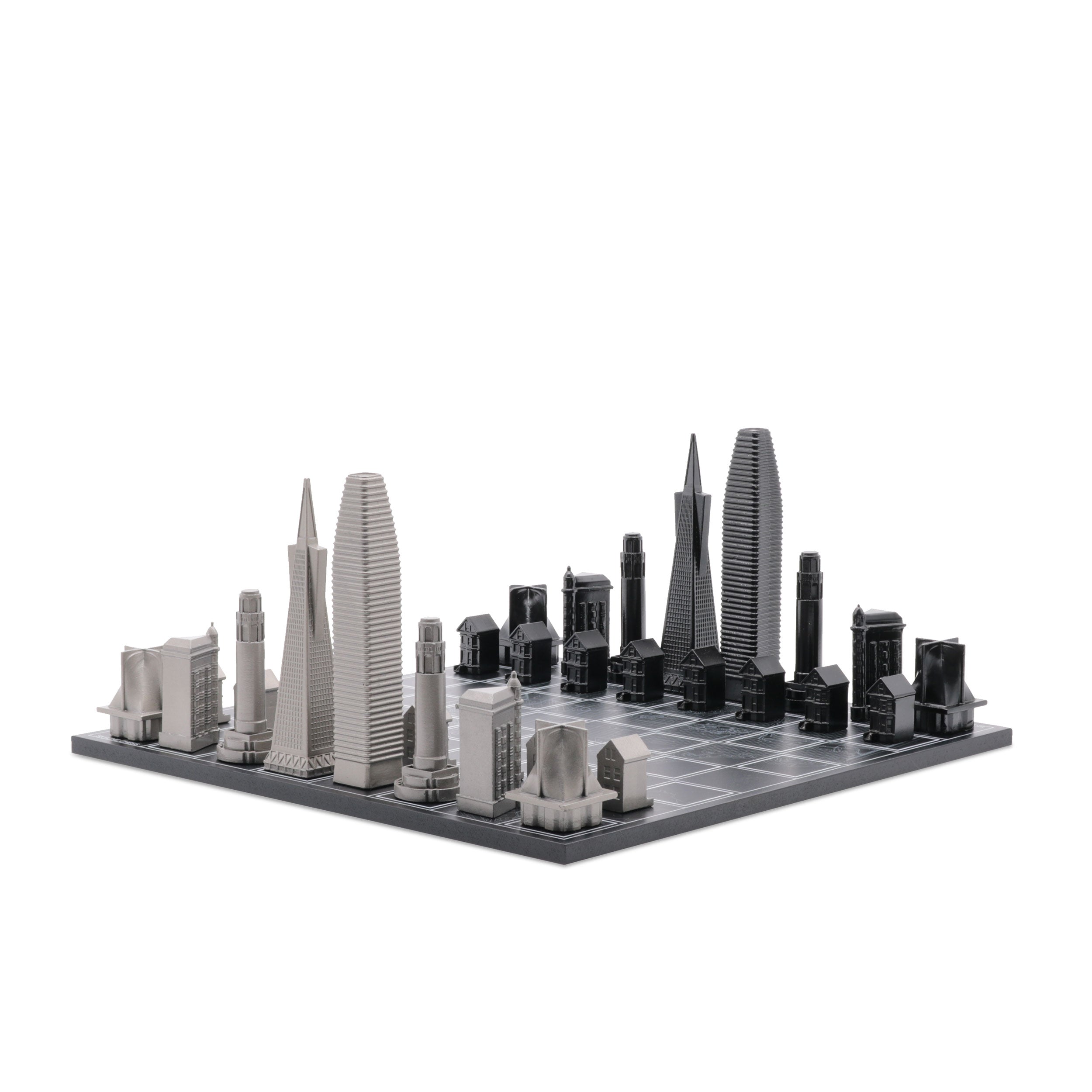 Skyline Chess Chess Set Stainless Steel San Francisco Edition With Wood Map Board