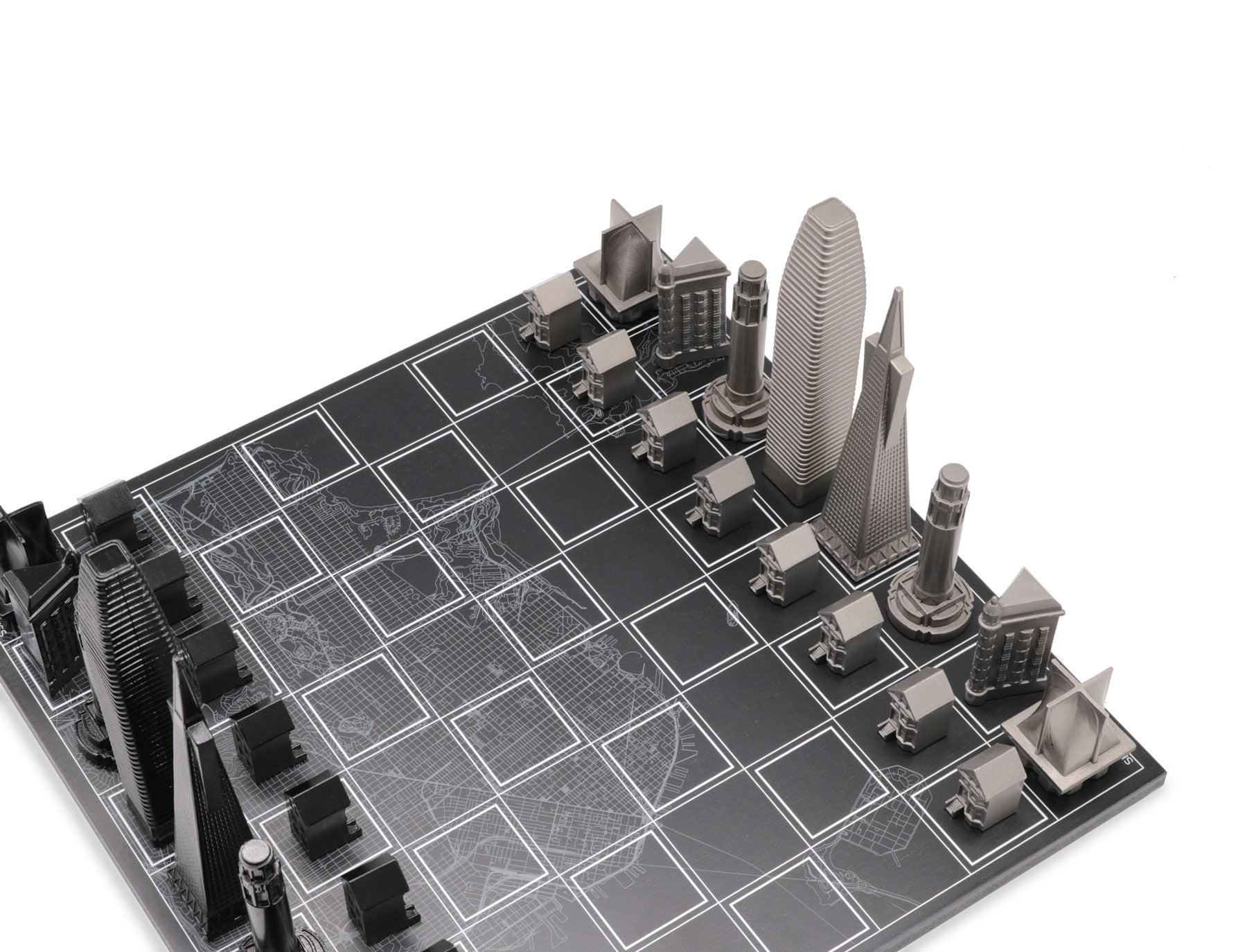 Skyline Chess Chess Set Stainless Steel San Francisco Edition With Wood Map Board