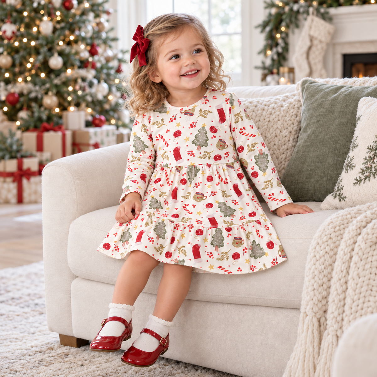Girls’ Christmas Dress – Bamboo Holiday Tiered Twirl Dress - Noel