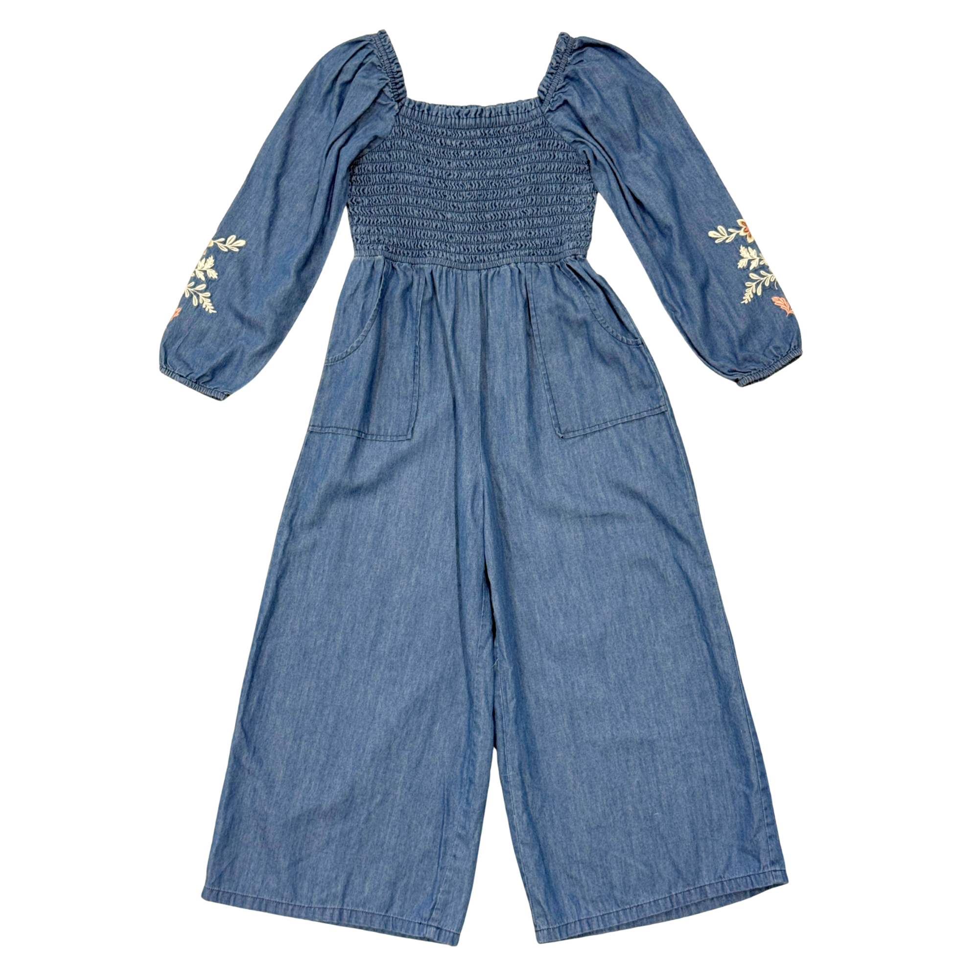 Girls Smocked Embroidery Jumpsuit In Chambray Embroidery