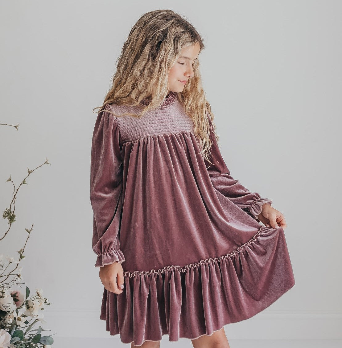 Alexa Dusty Rose Smocked Velvet Dress