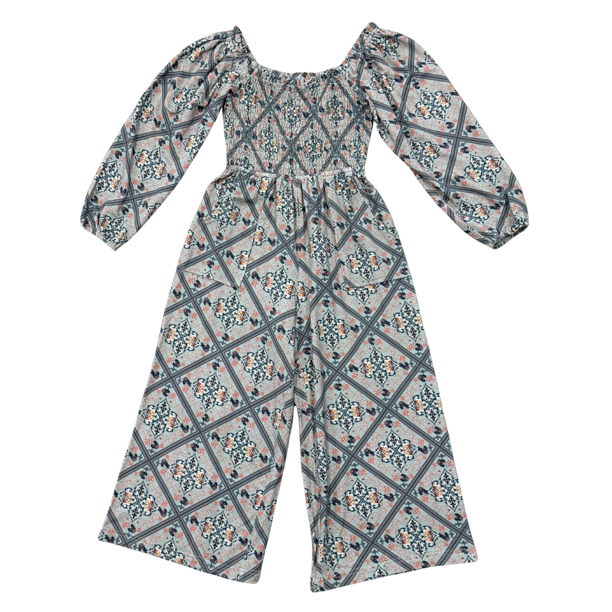 Girls Smocking Knit Jumpsuit In Landon Ethnic Diamond