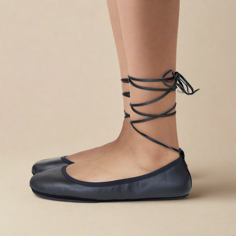 Sofia Ankle Wrap Flats In Black Leather