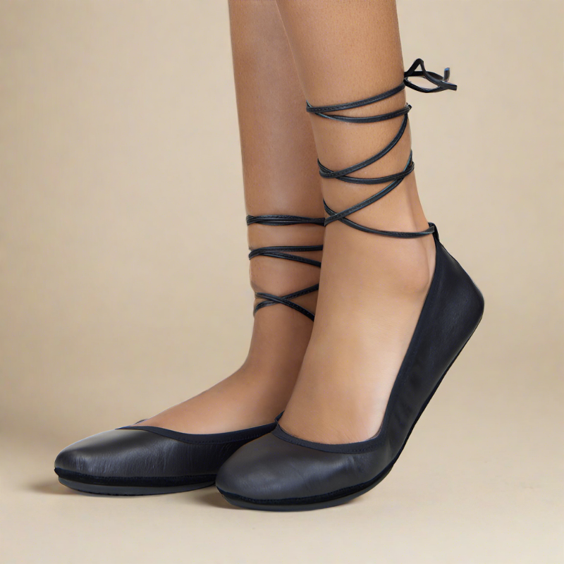 Sofia Ankle Wrap Flats In Black Leather