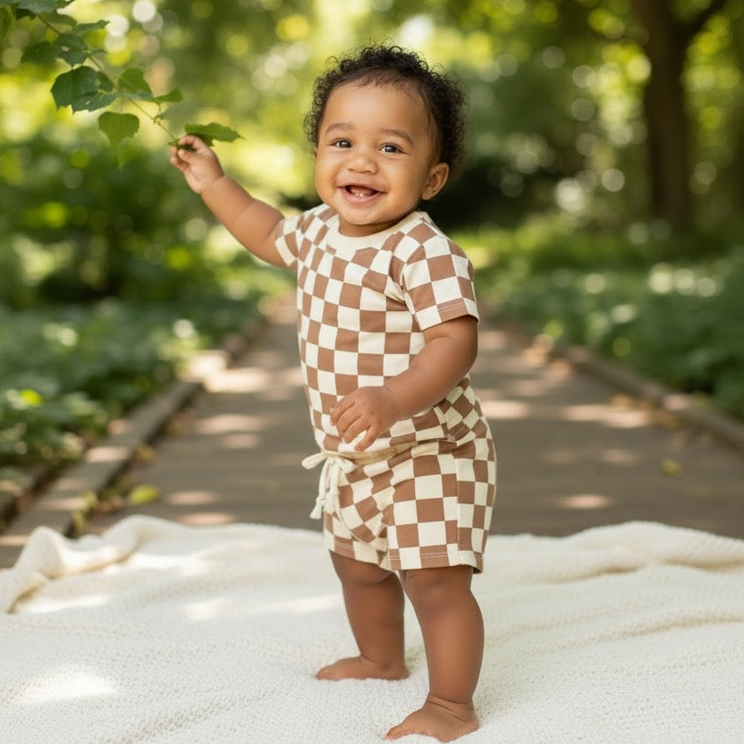 Brown Checkered Soft Touch 2pc T-shirt & Short Set