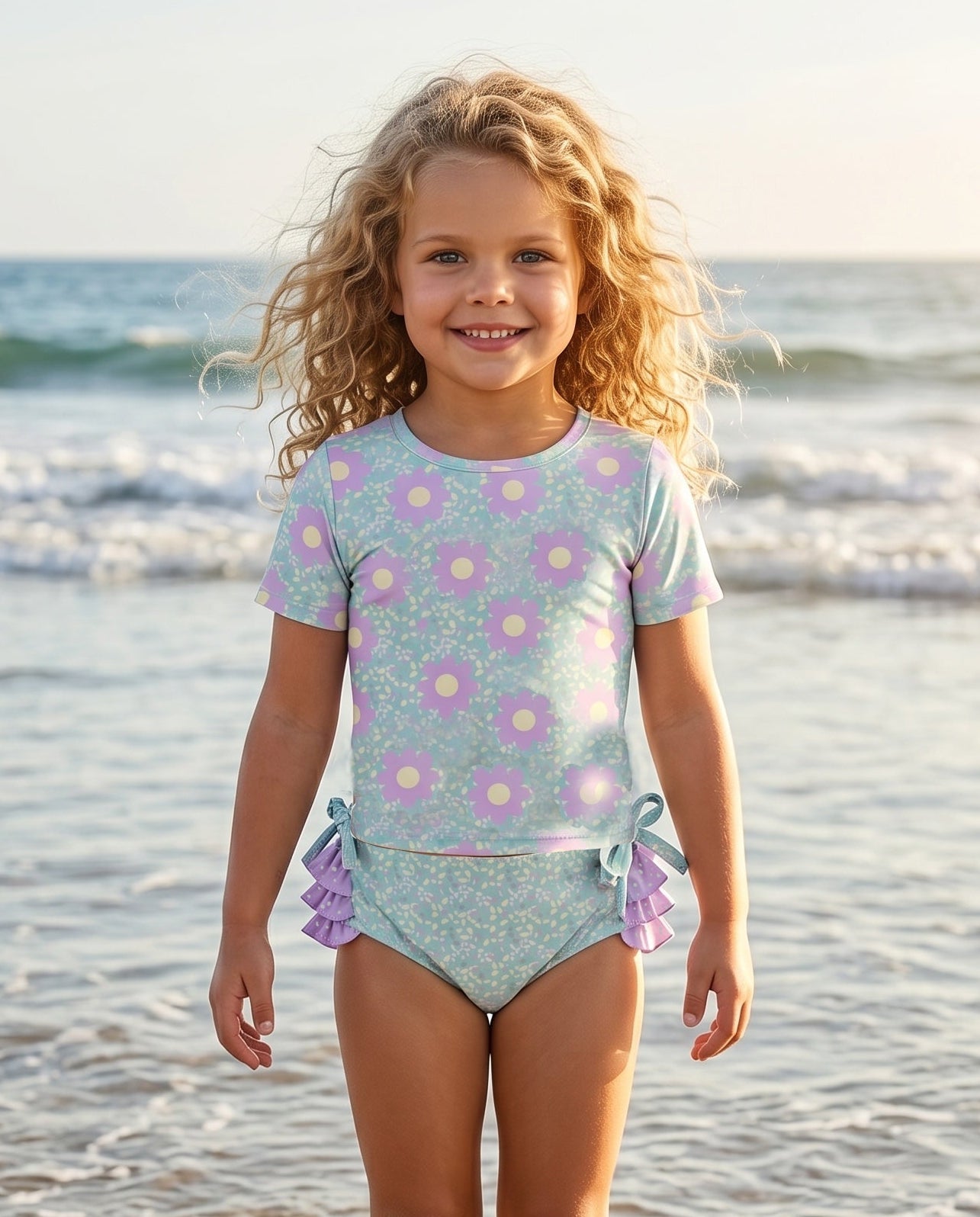 Sophie Mint Lavender Ruffles Rash Guard Swimsuit
