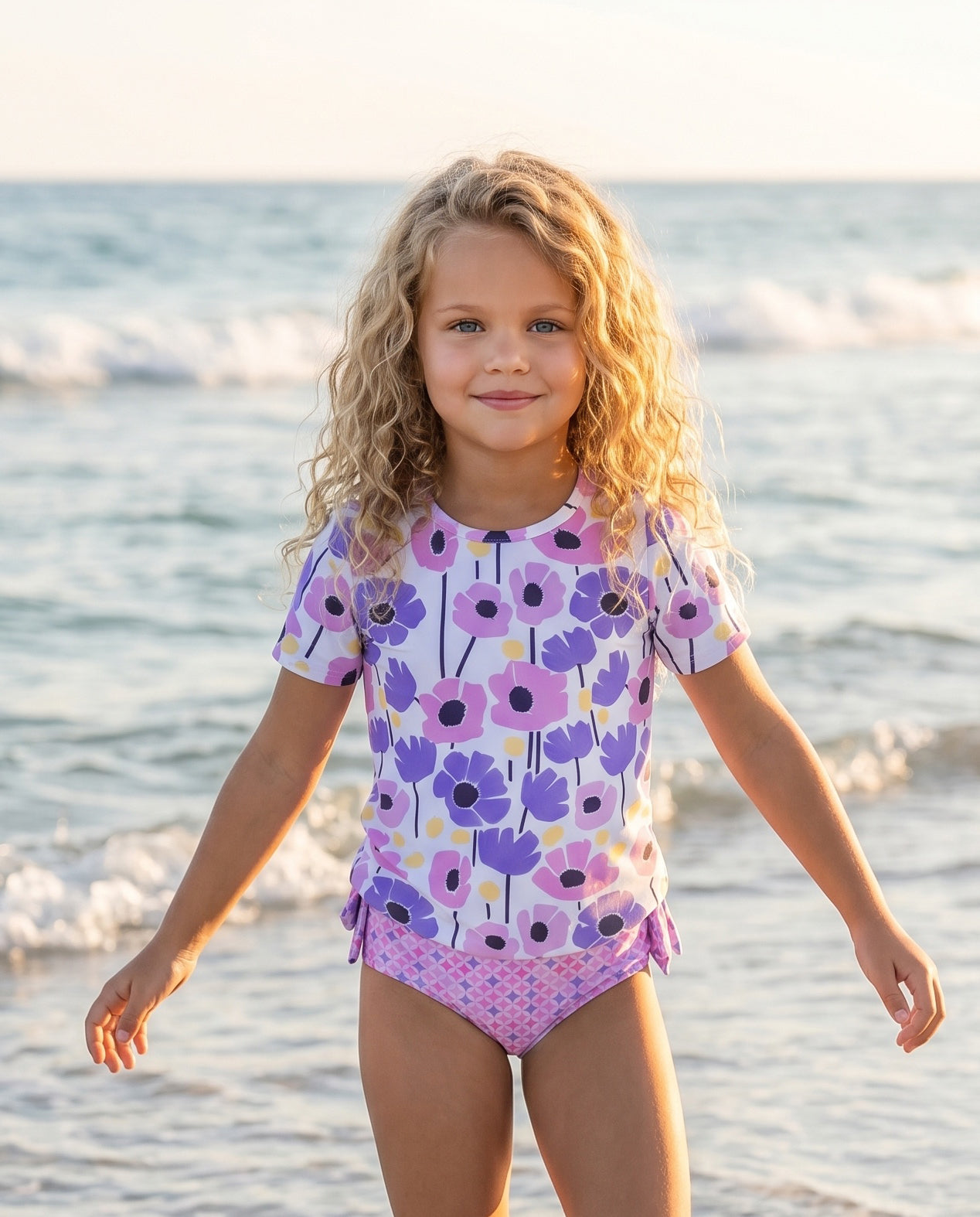 Sophie Mod Pink Purple Ruffles Rash Guard Swimsuit