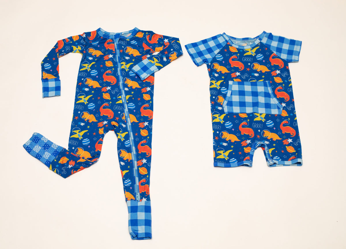 Space Dinosaur Bamboo Short Romper | Electric Blue