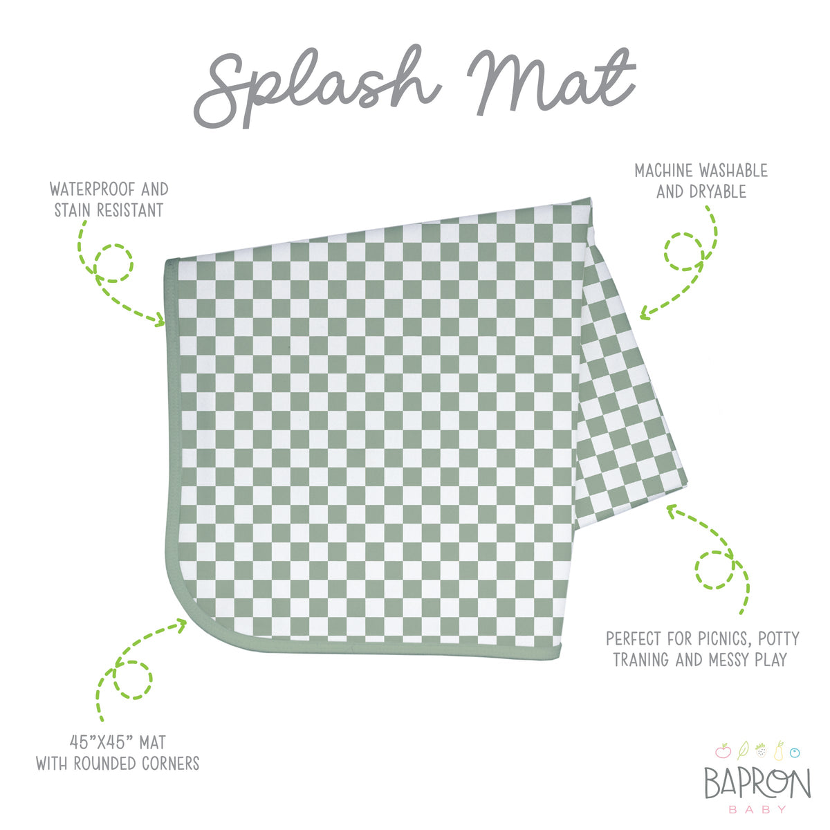 Sage Checkerboard Splash Mat - A Waterproof Catch-all For Highchair Spills And More!