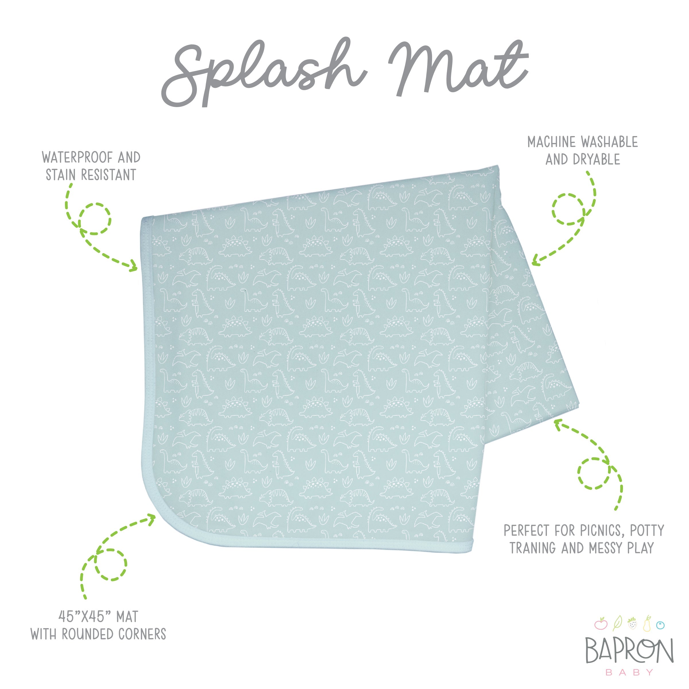 Dino Friends - Sage Splash Mat - A Waterproof Catch-all For Highchair Spills And More!