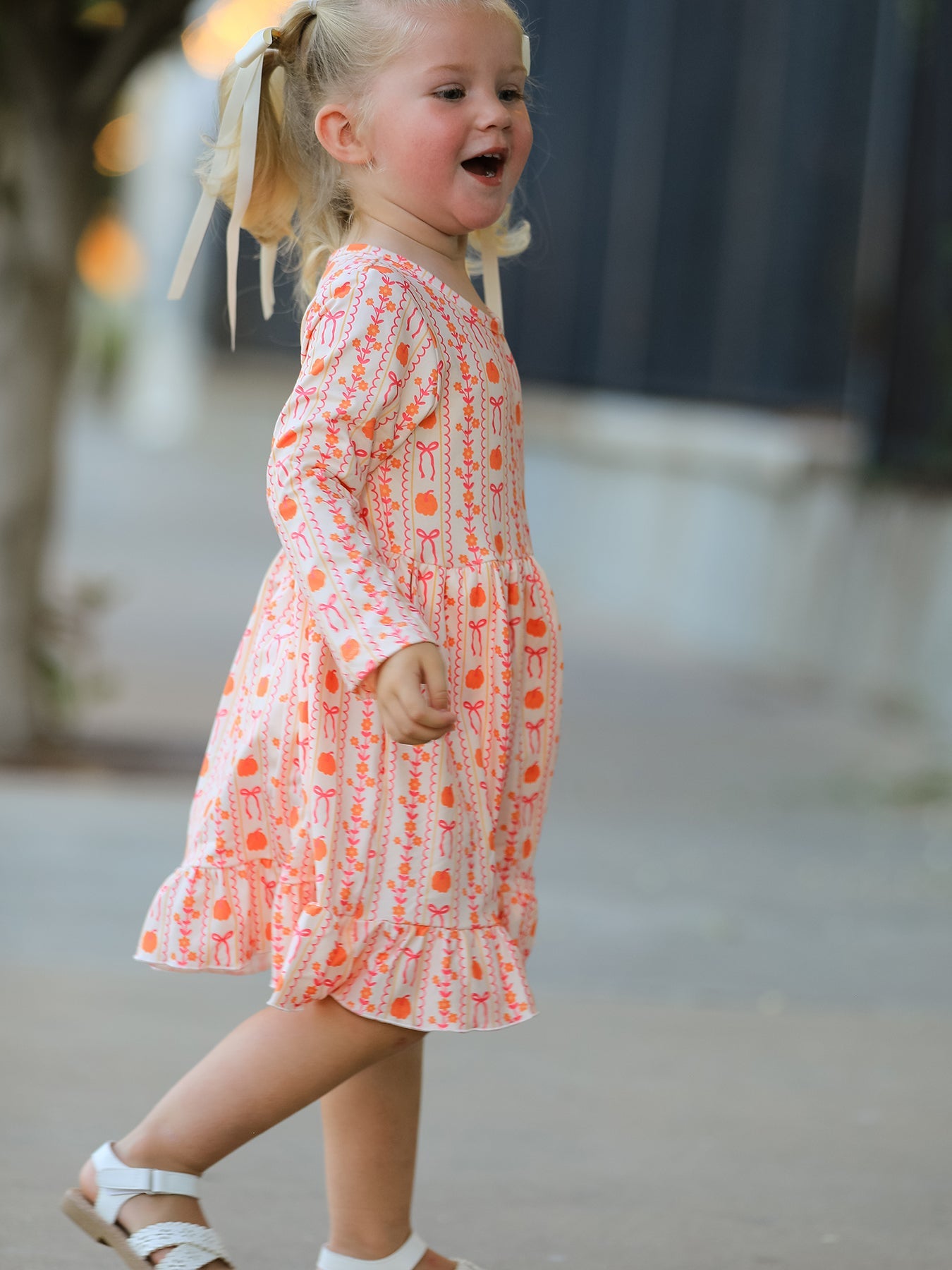 Halloween Thanksgiving Pumpkin Bow Pocket Girls Dress