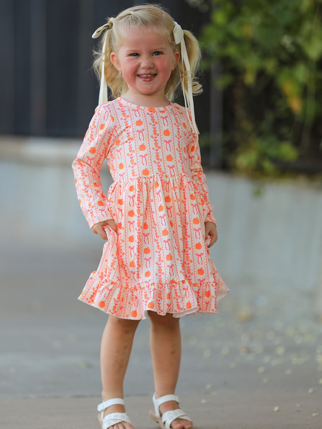 Halloween Thanksgiving Pumpkin Bow Pocket Girls Dress