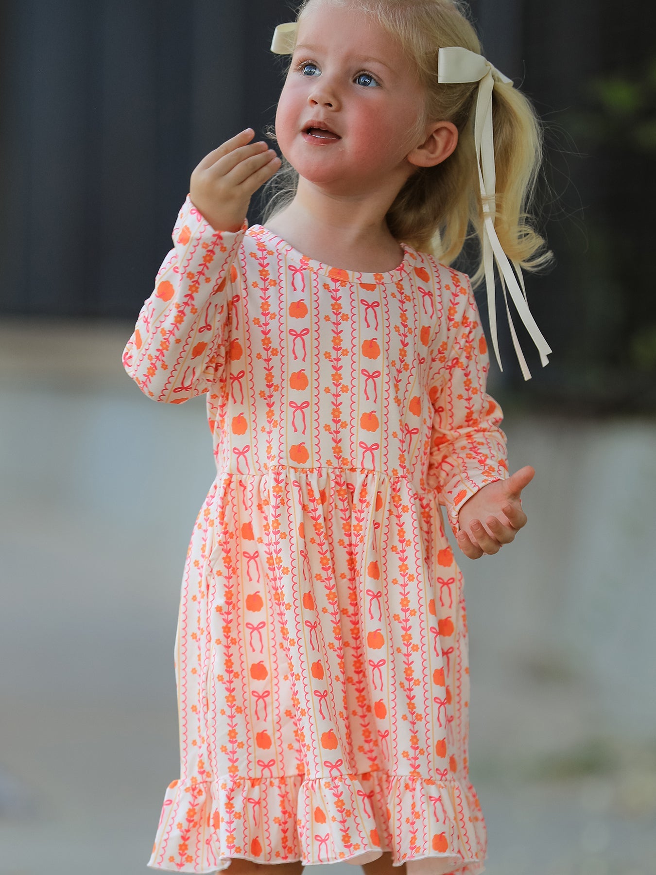 Halloween Thanksgiving Pumpkin Bow Pocket Girls Dress