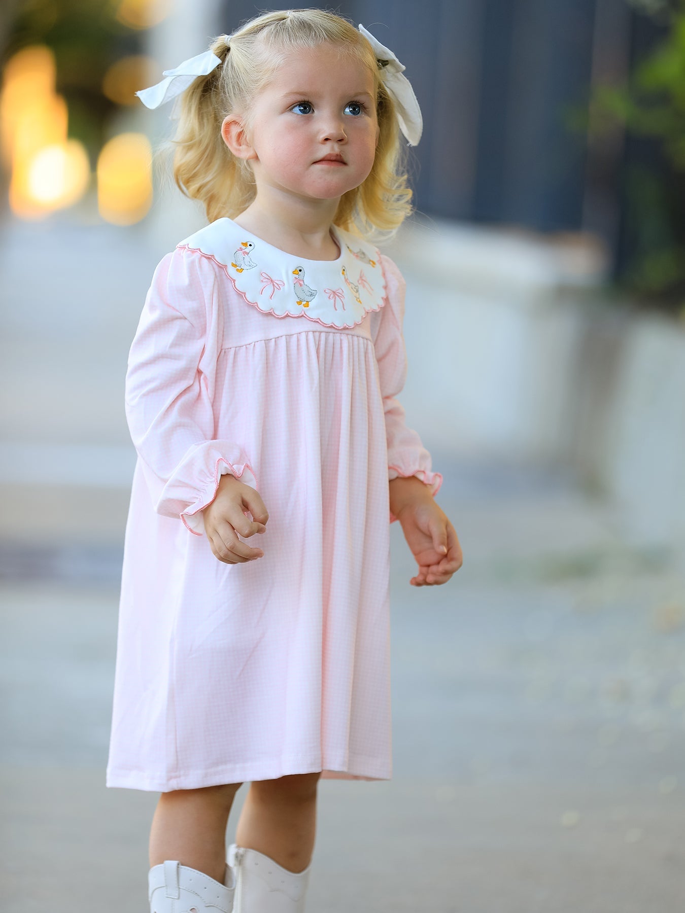 Pink Duck Embroidered Baby Girl Dress Peter Pan Collar Bow Dress