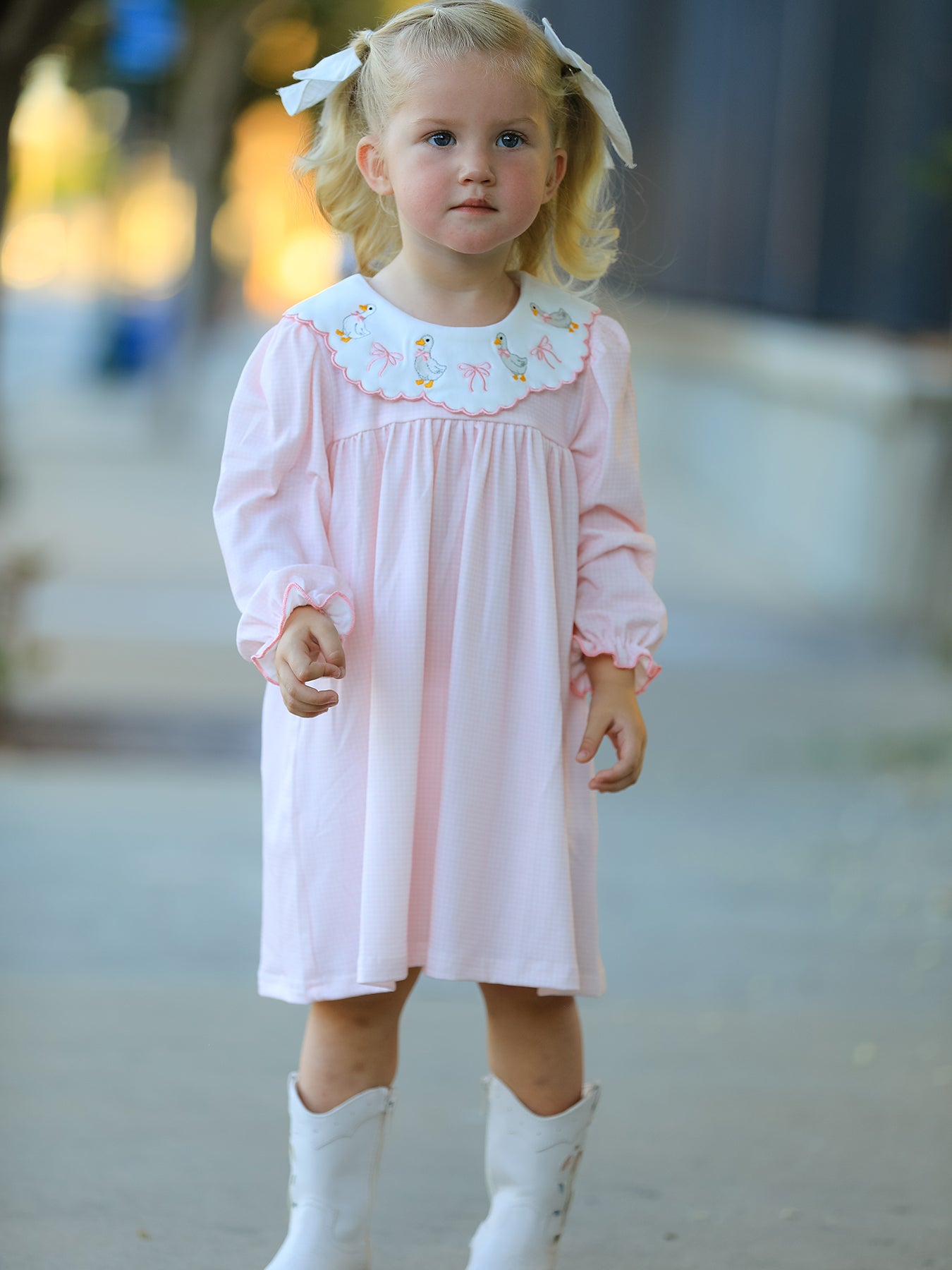 Pink Duck Embroidered Baby Girl Dress Peter Pan Collar Bow Dress