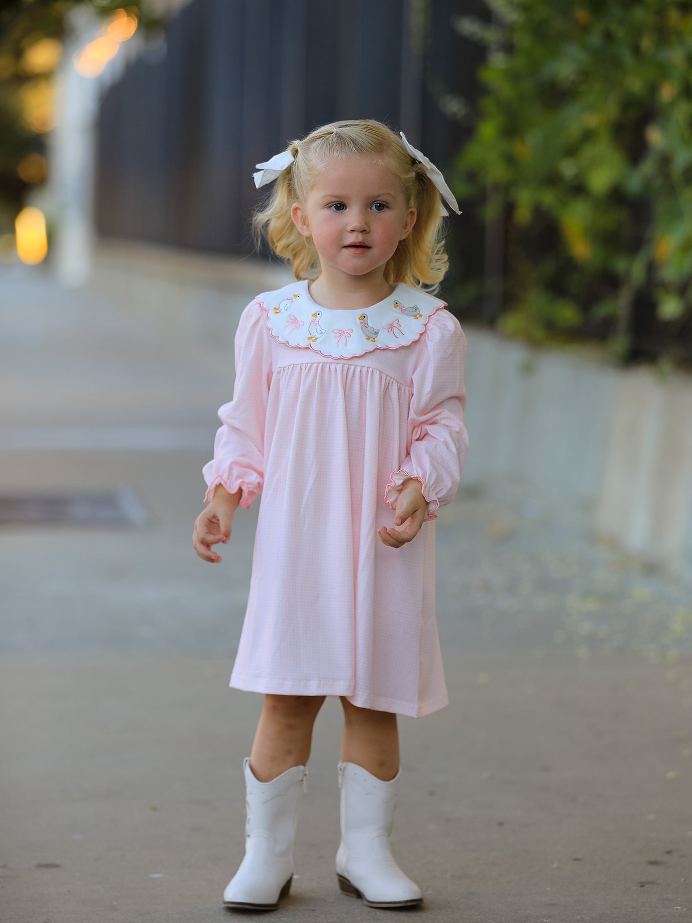 Pink Duck Embroidered Baby Girl Dress Peter Pan Collar Bow Dress