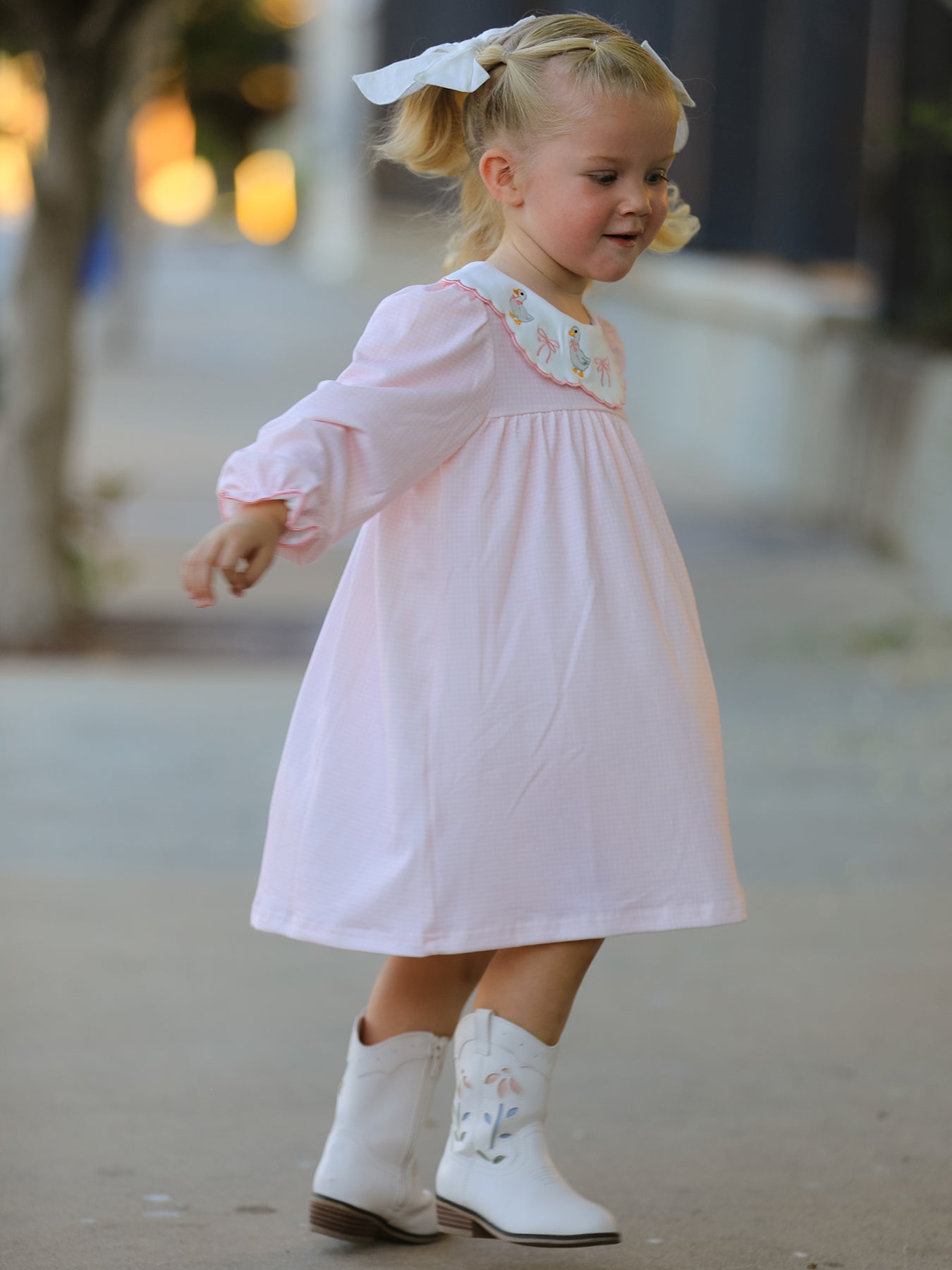 Pink Duck Embroidered Baby Girl Dress Peter Pan Collar Bow Dress