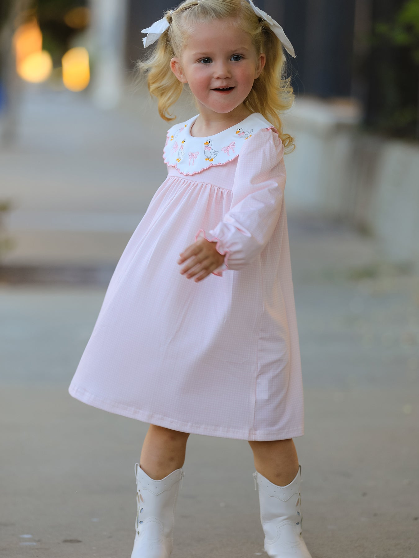 Pink Duck Embroidered Baby Girl Dress Peter Pan Collar Bow Dress