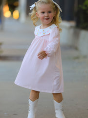 Pink Duck Embroidered Baby Girl Dress Peter Pan Collar Bow Dress