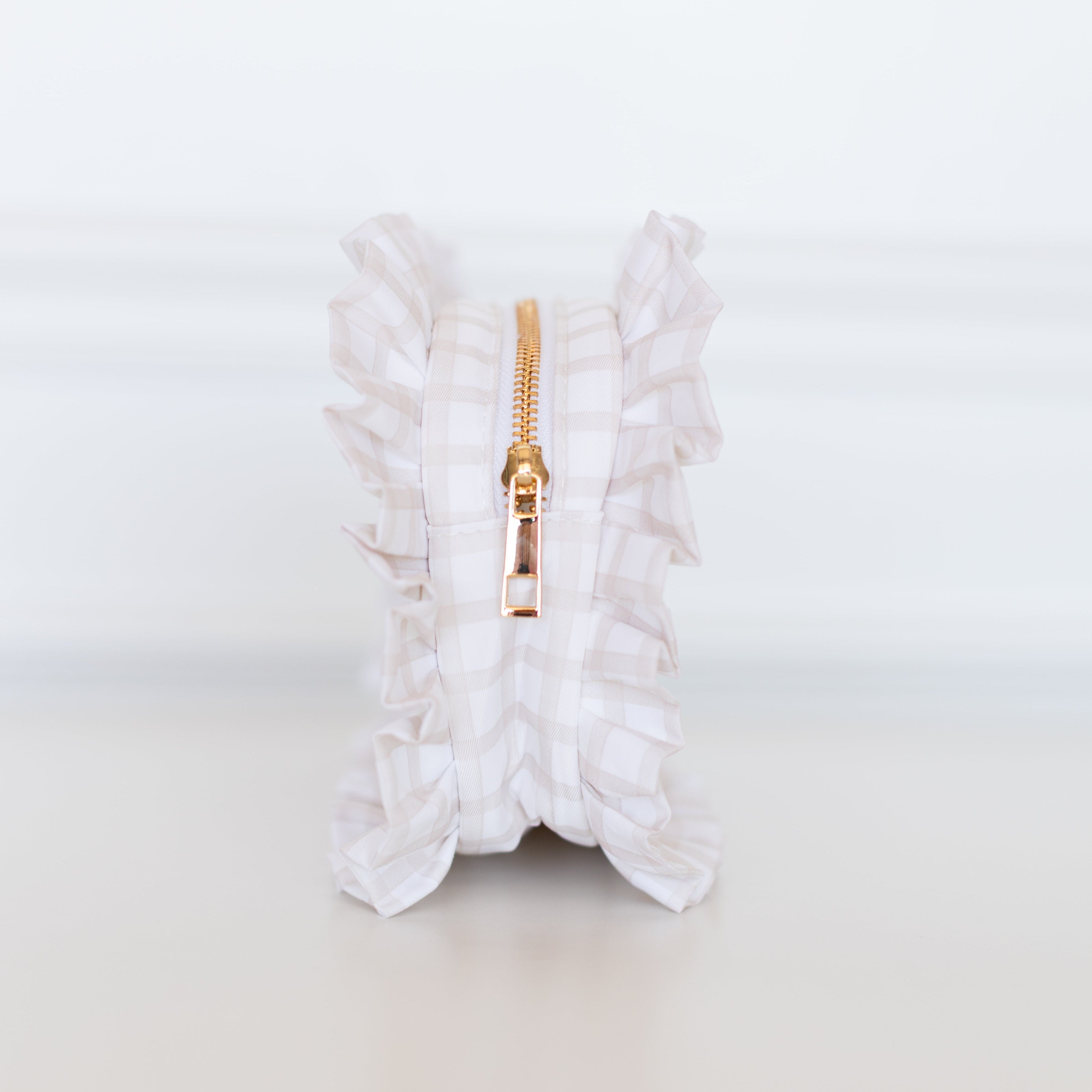 Nude Plaid Ruffled Nylon Medium Pouch