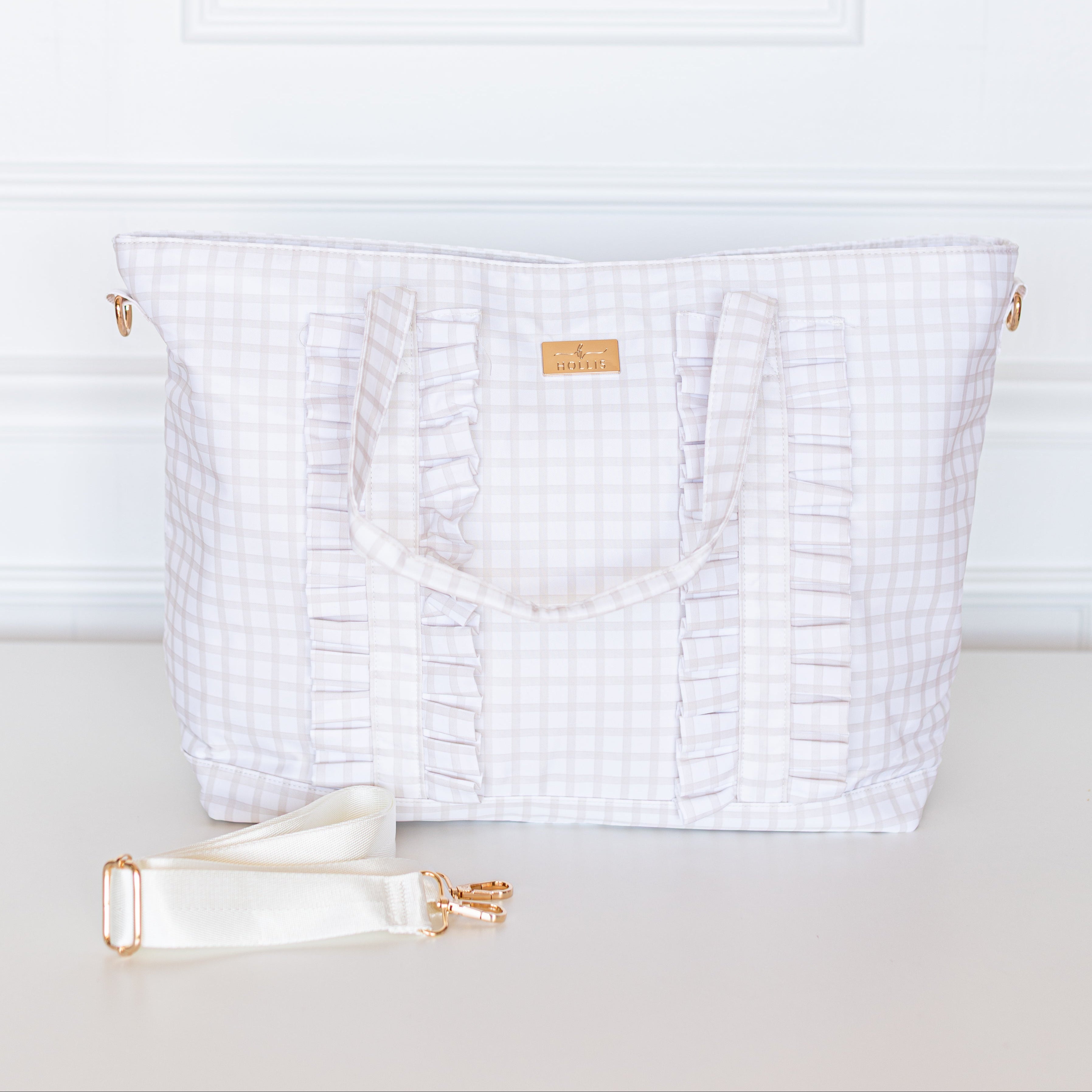 Nude Plaid Ruffled Nylon Tote Bag