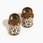 Suede Cow Print Moccasin Baby Shoe