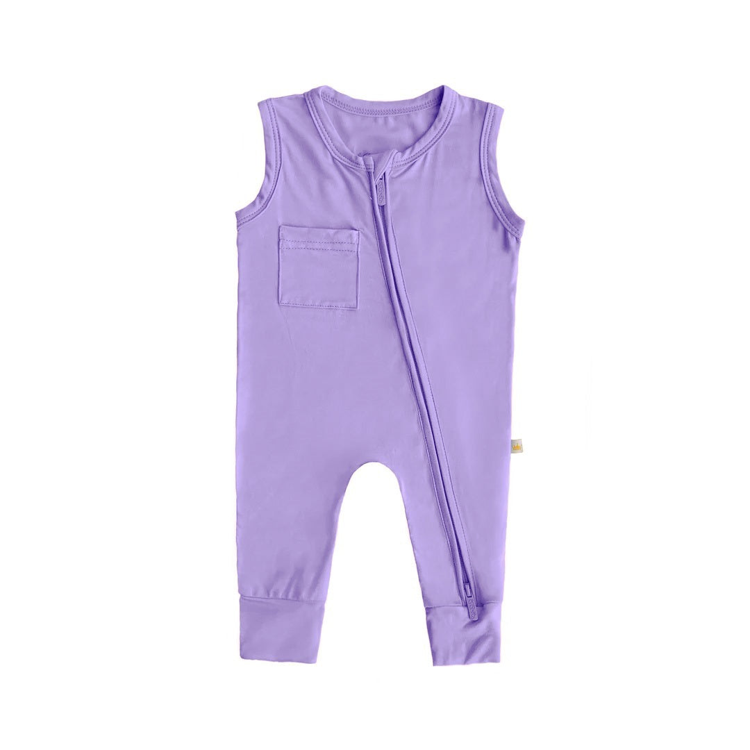 Summer Bamboo Sleeveless Footless Zipper Romper In Lavender Purple
