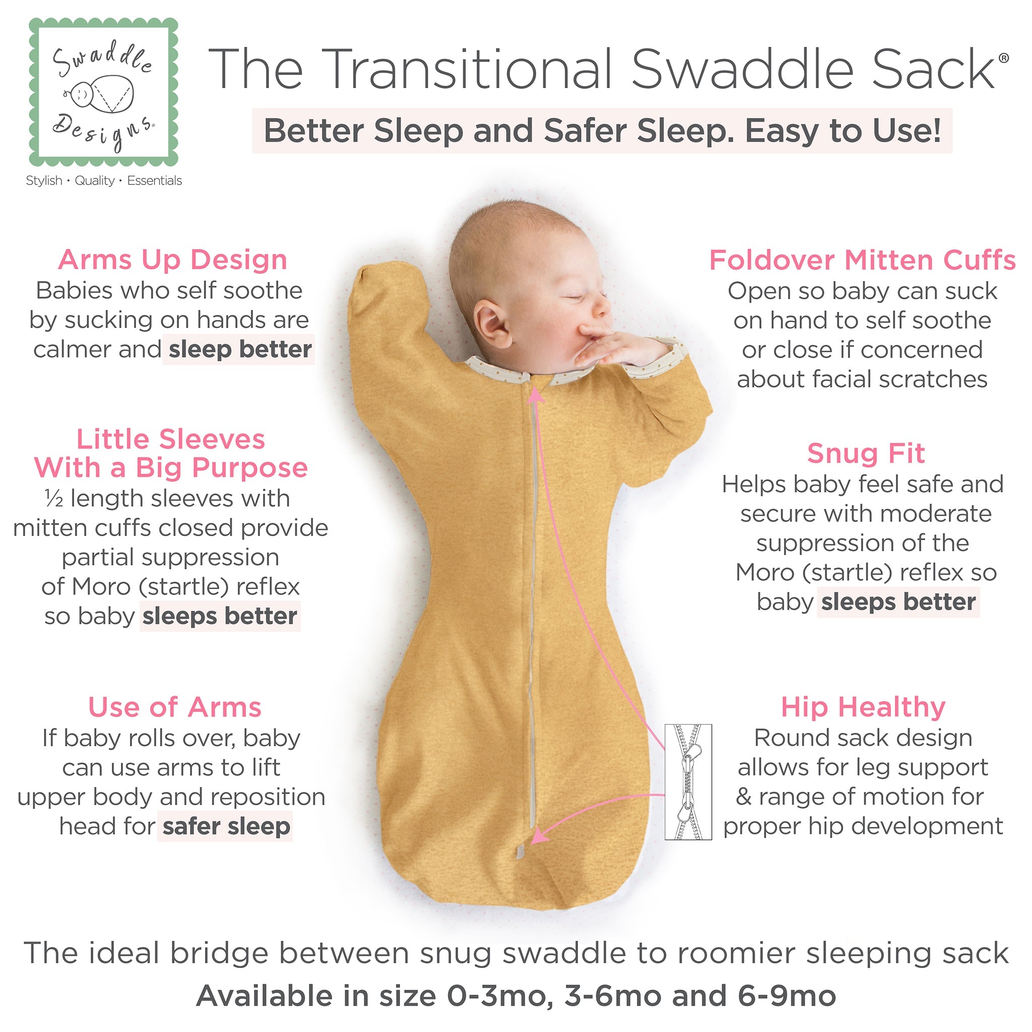 Transitional Swaddle Sack - Arms Up 1/2-length Sleeves & Mitten Cuffs, Heathered Gold With Polka Dot Trim