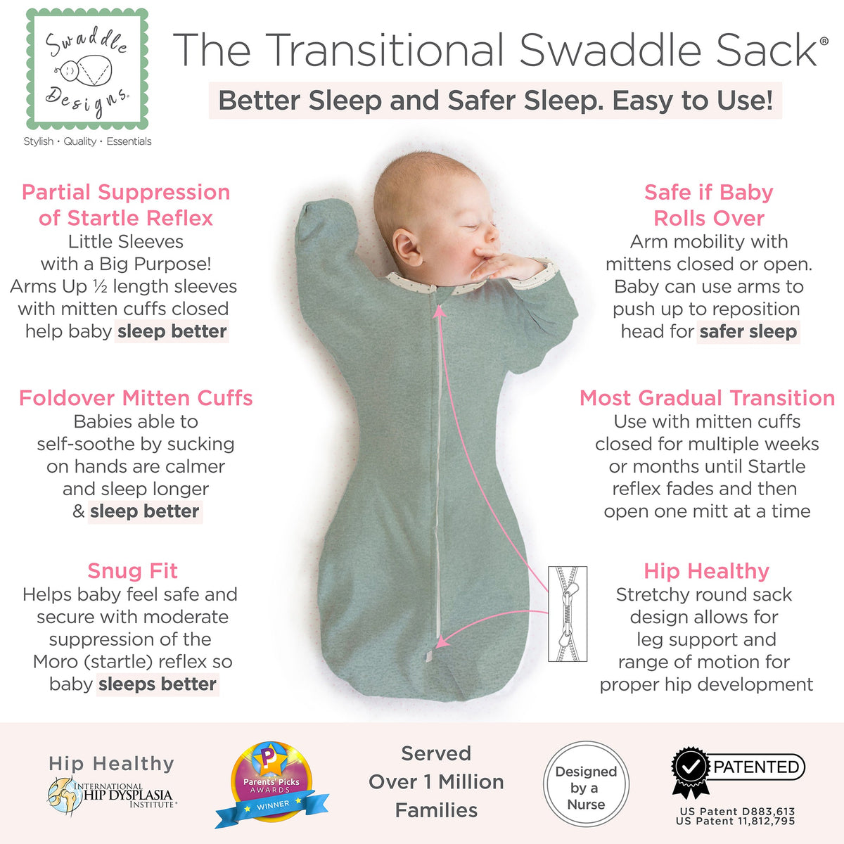 Transitional Swaddle Sack - Arms Up 1/2-length Sleeves & Mitten Cuffs, Heathered Jadeite With Polka Dot Trim