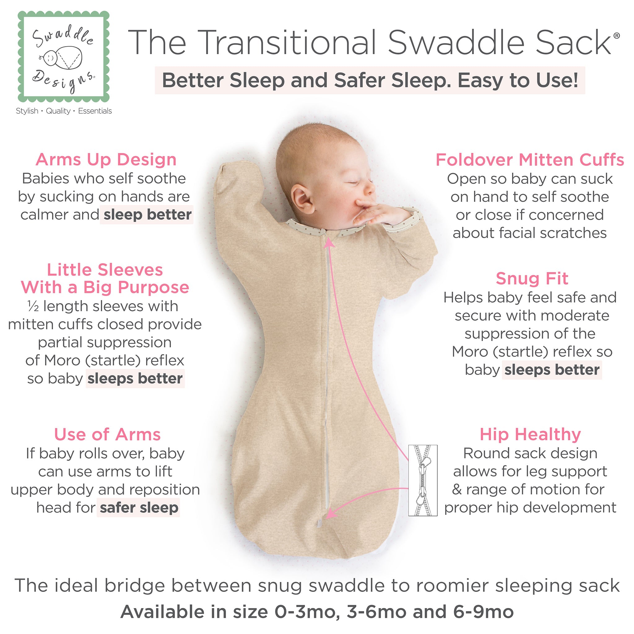 Transitional Swaddle Sack - Arms Up 1/2-length Sleeves & Mitten Cuffs, Heathered Oatmeal With Polka Dot Trim